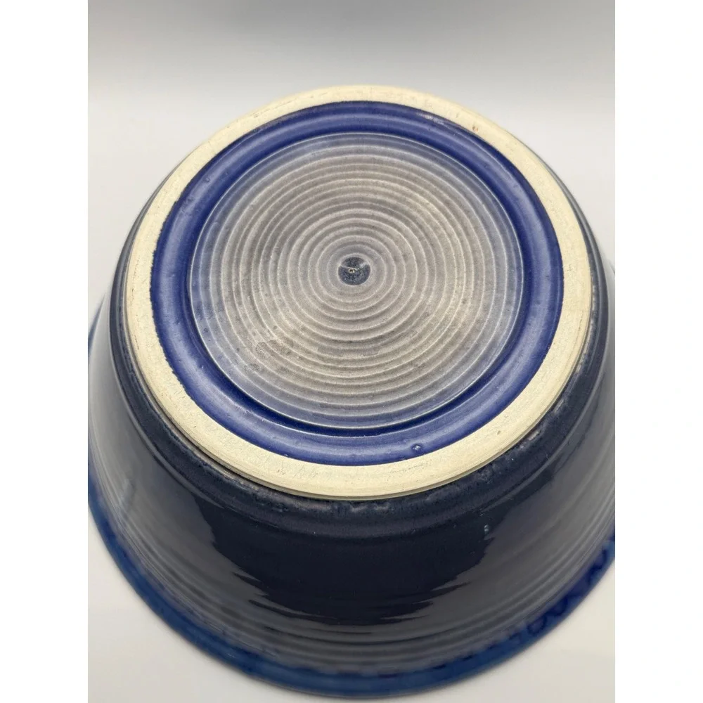 Handmade Studio Pottery Blue Drip Glaze Stoneware Serving Bowl Artisan Signed
